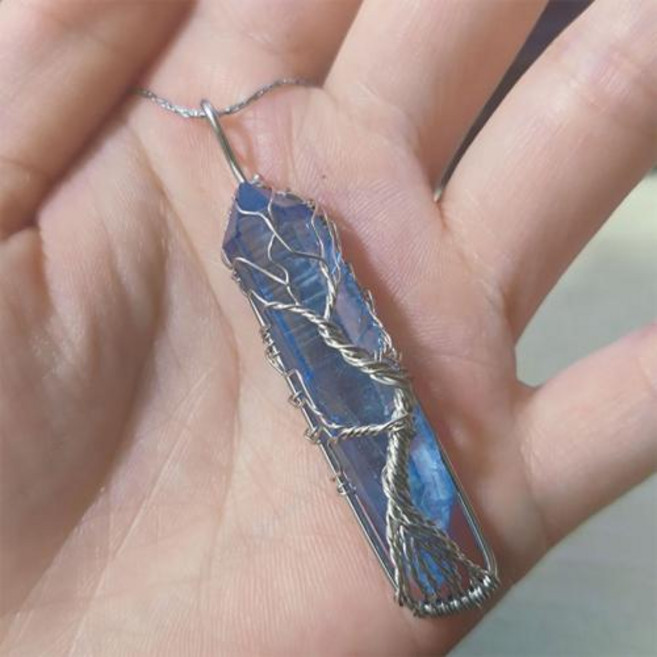 천연원석 아쿠아 마린 크리스탈 생명의 나무 펜던트 청동 목걸이 치유 에너지 스톤 장식 소녀 매력 증대 선물