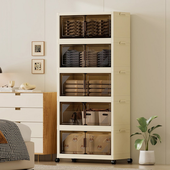 YEAAYE 다용도 대용량 이동식 투명 도어 폴딩 수납 박스 YY2081-3, 웜 브라운