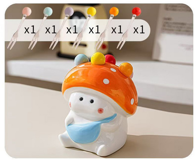 버섯 디자인 과일 포크 세트 스테인리스 스틸 디저트 포크 케이크 포크, 주황색, 1개