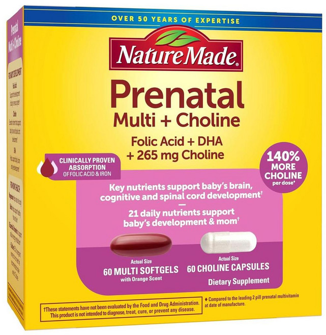 네이처메이드 프리나탈 멀티비타민 60소프트젤 + 콜린 60캡슐 Nature Made Prenatal Vitamins+Choline, 1개