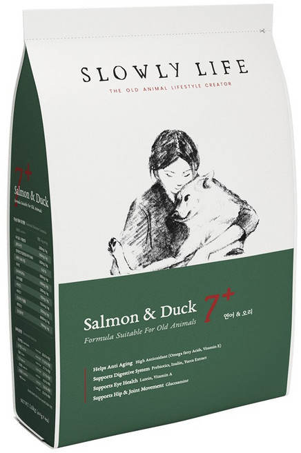 슬로울리라이프 연어 오리 7+ (7~9세) 노령견 노견 부드러운 소프트 사료, 1개, 1.6kg, 연어+오리