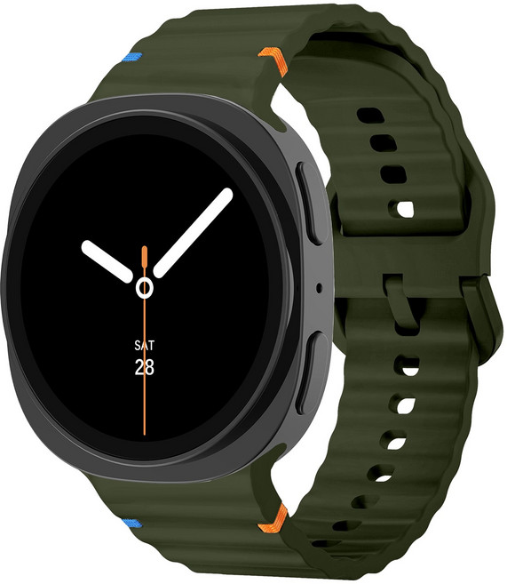 Fegwilde 갤럭시워치8/8클래식 호환 부드러운 실리콘 통기성 스포츠 밴드 컬러풀한 스티치 스트랩 40MM/44MM/46MM, 아미그린