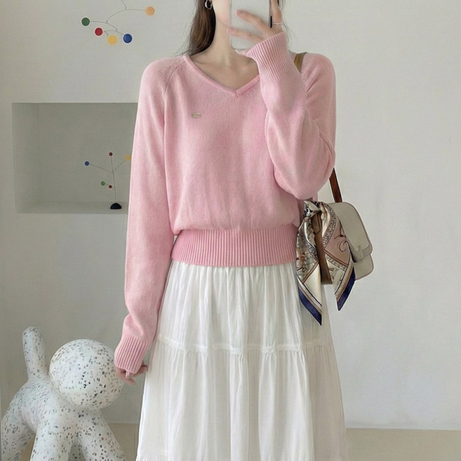 데일리앤 메리 여리핏 브이넥 나그랑 세미 크롭 봄 여성 긴팔 니트 티셔츠