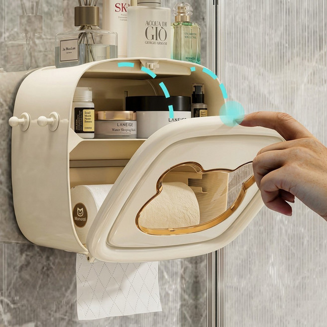 상덕 벽걸이 휴지 케이스 화장지 보관함 방수 화장실 휴지걸이 수납형 무타공 티슈 케이스, 1개, 크림 화이트