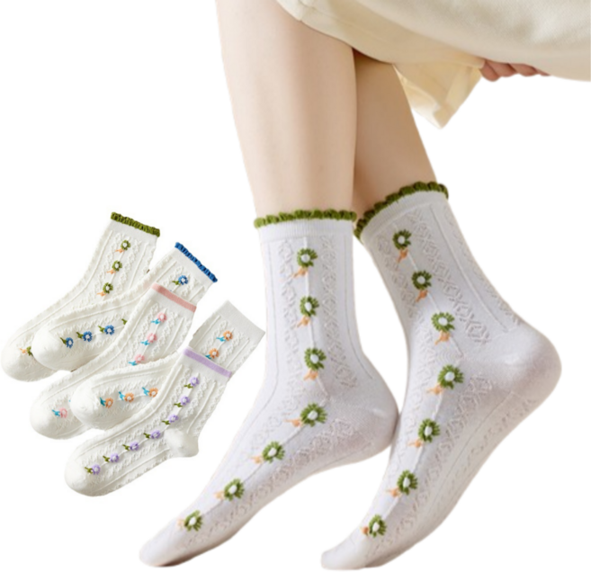 싹스가노랗다 애순이 꽃양말 러블리 플라워 자수 여자 양말 5켤레