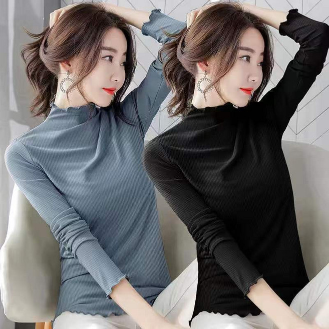 1+1 여자 목폴라티 빅사이즈 슬림 반폴라 긴팔티셔츠 이너 상의 봄 가을 여성 긴팔 티셔츠 2피스 CJJ