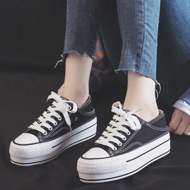 시는 운동화 접어 캔버스여자운동화 통굽 패션화 뮬스타일 스니커즈