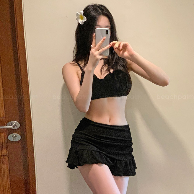 [비치팜]마론 링클 프릴 2피스 비키니 비치웨어 셔링 휴양지 수영복, 블랙