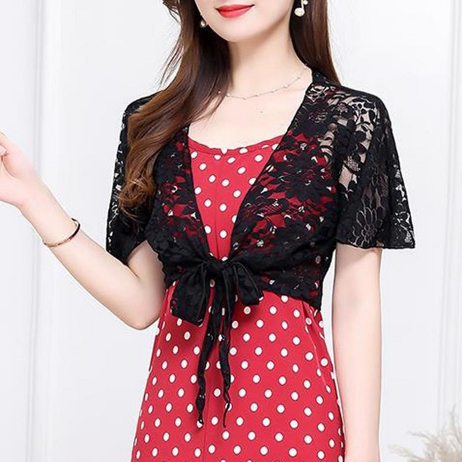 蕾絲小披肩 罩衫 薄款 短袖 外搭 防曬衣, 黑色,4XL 90-100