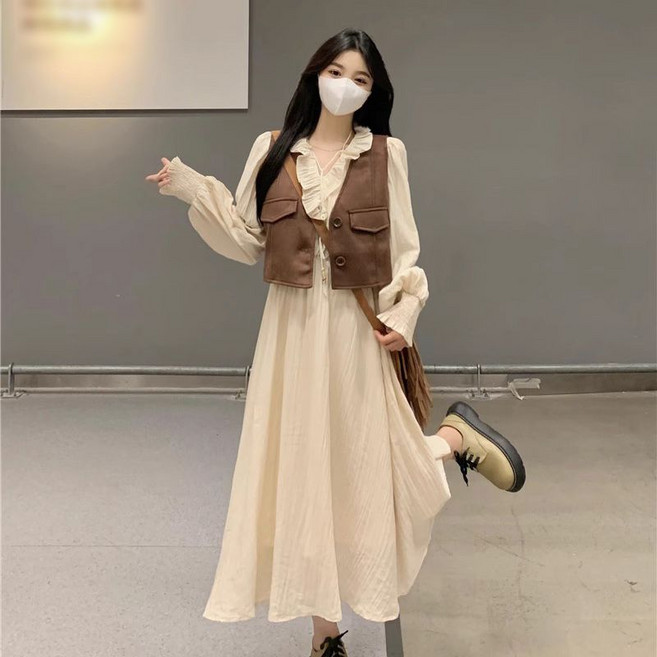 여성 베스트 원피스 투피스 여성 봄 가을 우아한 프렌치 스타일 V넥 프릴 롱 원피스 조끼 세트 LCC