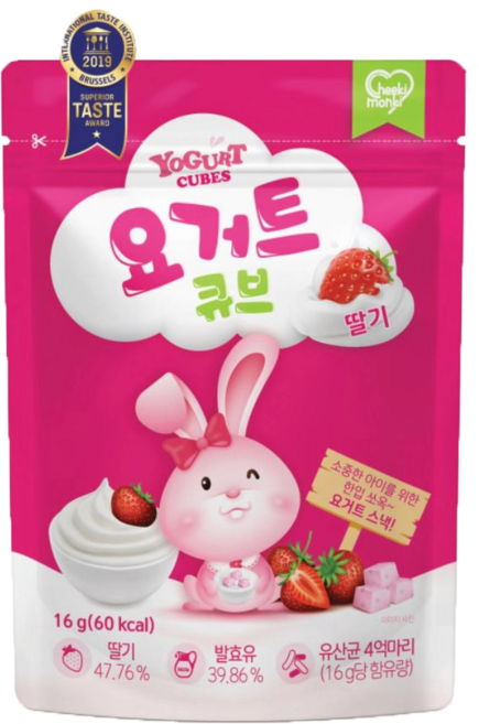 [새로운맛 2종 추가(바나나맛 사과맛)]치키몽키 요거트큐브 6가지맛(플레인 딸기 블루베리 망고 바나나 사과), 1개, 딸기맛, 16g