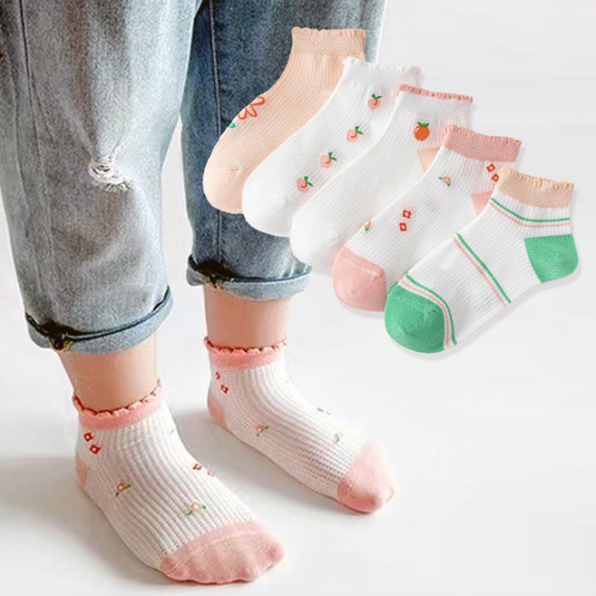 [5개1세트] 워더미 여아용 쿨 썸머 피치 플라워 포인트 단목 양말 CZW574