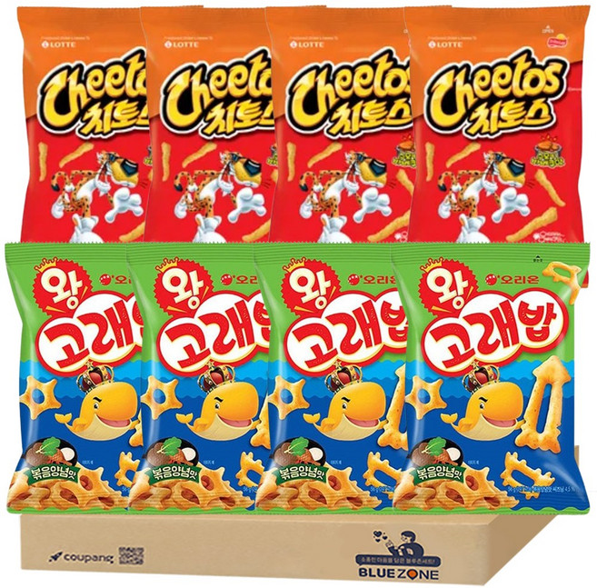 [블루존] 과자세트 (왕고래볶음56g x4+치토스 바베큐맛 x4)