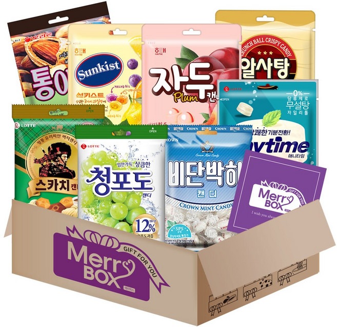 캔디 8종 선물세트1호(청포도+복숭아+스카치+애니타임+썬키스트+알사탕+자두맛+통아몬드)+메세지카드, 1박스, 90g