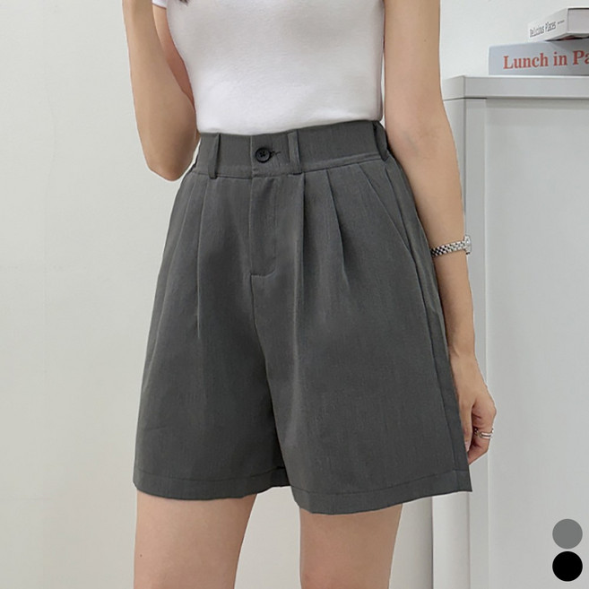 끌로이 여성용 여름 뒷밴딩 일자슬랙스 투핀턱 반바지 여름정장바지 하프팬츠