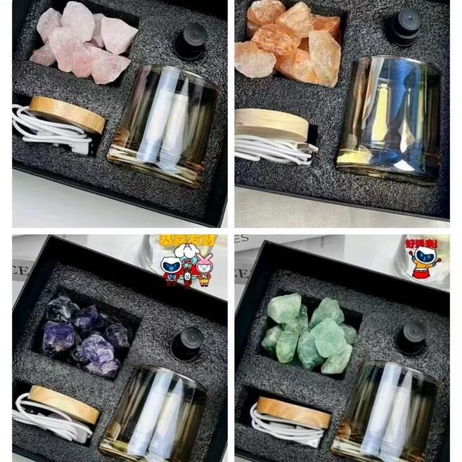 水晶擴香石香薰燈 無火香薰 室內擺件 精油助眠, 綠色友誼石+玻璃杯+燈座+植物+禮盒,桂花精油（送長輩）