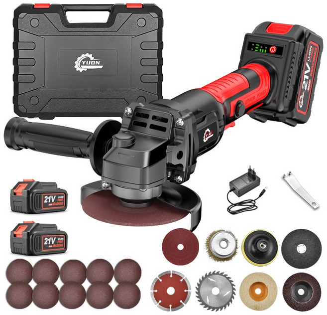YUON 독일 기술 전동 무선 충전 그라인더 핸드 프리미엄 브러쉬리스 모터 고급형 21V 대용량 배터리 세트, 1개