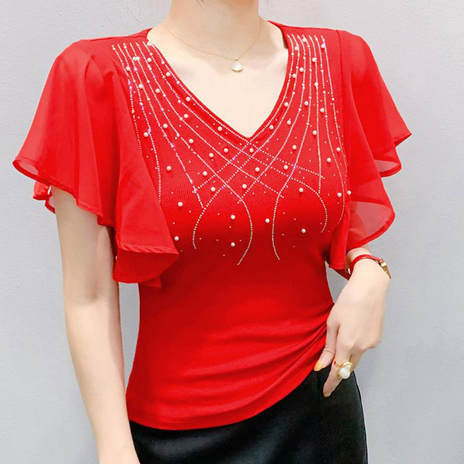 페이준 스팽글 라인댄스복 상의 프릴 망사소매 티셔츠 슬림핏 블라우스 재즈 줌바댄스복 사교댄스티 DS412