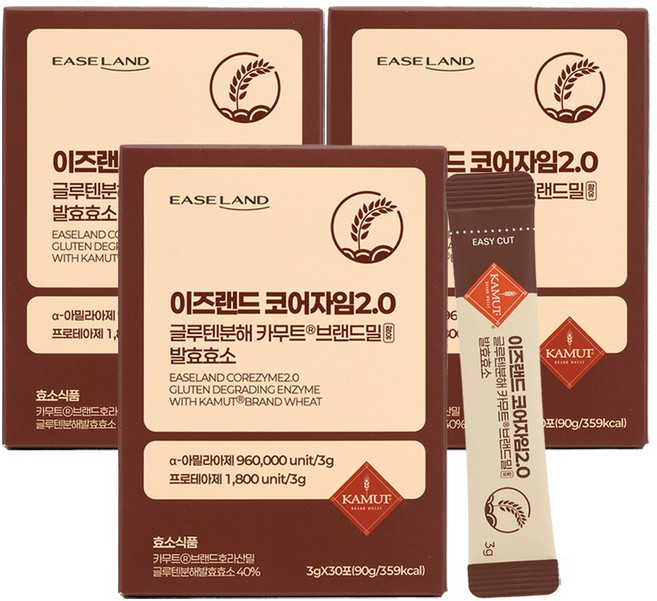 이즈랜드 코어자임2.0 글루텐분해 카무트 브랜드밀 함유 발효효소 고소한인절미맛, 3개, 90g