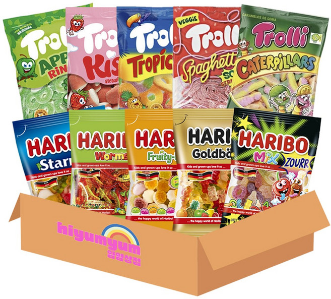 젤리모음 10종 하리보(스타믹스+웜즈+프루티부시+골드베렌+믹스사우어) 트롤리(애플향링스+트로픽오스+캐터필러+딸기스파게티사우어+트롤리키스), 10개, 100g
