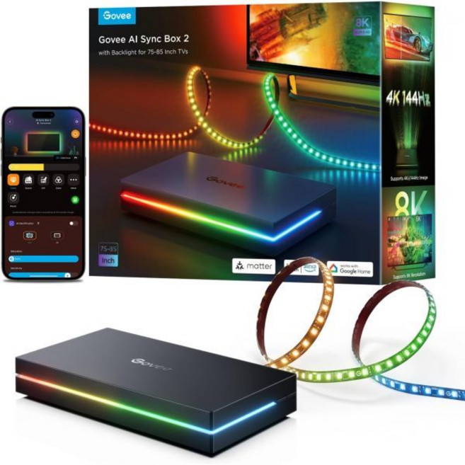 Govee 고비 HDMI 2.1 싱크 박스 2 TV 백라이트가 내장된 AI 8K 60Hz 4K 144Hz VRR ALLM 지원 Matter Alexa 연동 75~85인치 TV용, 16.3FT for 75"-85" TV