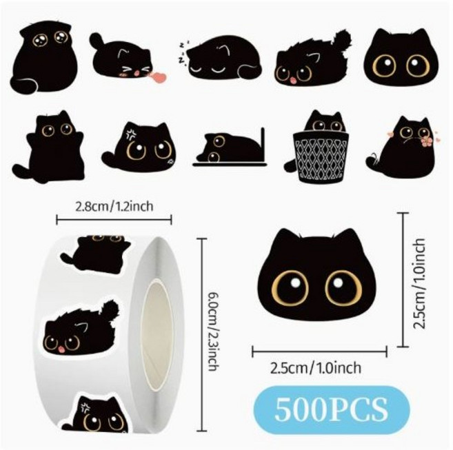 검은 고양이 롤 스티커 500pcs 다꾸 노트북 아이패트 휴대폰 꾸미기 대용량, 500개, 검은고양이