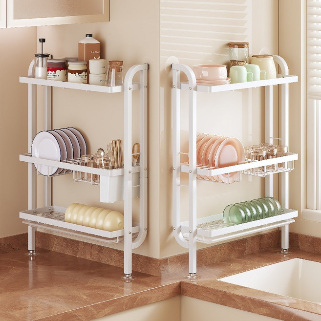ALLILIO 부착식 식기건조대 그릇정리대 선반 그릇 싱크대 설거지 정리대 젓가락 받침대 좁은 틈설거지건조대 펀치 프리 틈새식기건조대, 아이보리, 1개, 3단
