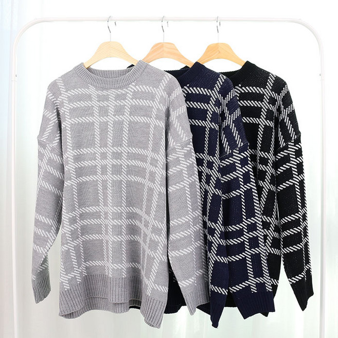 오마보이 남성용 오버핏 렉탱글 체크 라운드 니트