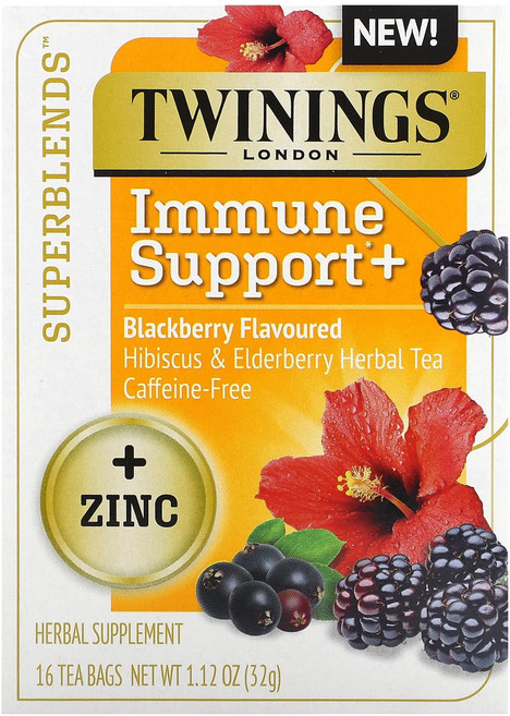 아무거나드시면안되고 Twinings Superblends 이뮨 서포트+ 히비스커스 및 엘더베리 허브차 블랙베리 카페인 무함유 티백 16개 32g(1.12oz) 품격있는상품선택하세요, TwiningsSuperblends이뮨서포트히비스커스및