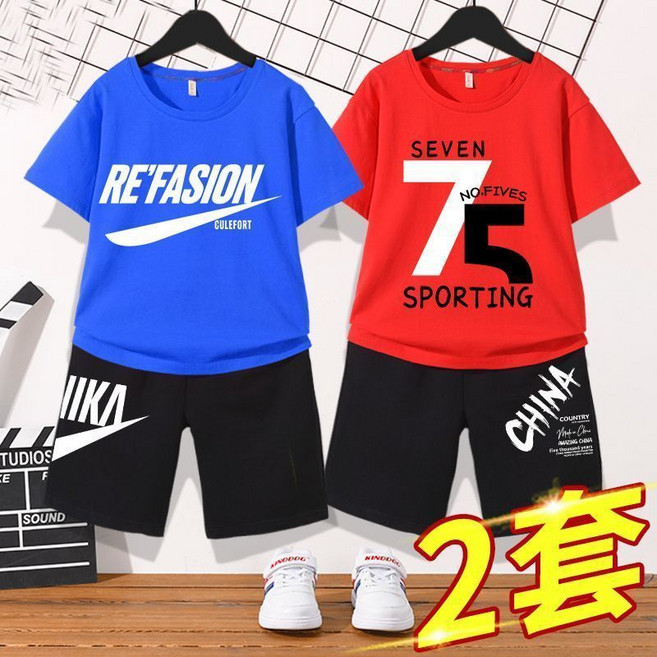 RE'FASION 男童套裝 兒童運動夏裝, 1個, 勾寶藍IK左黑褲+75紅Bc右黑褲120(建議身高105到115cm)