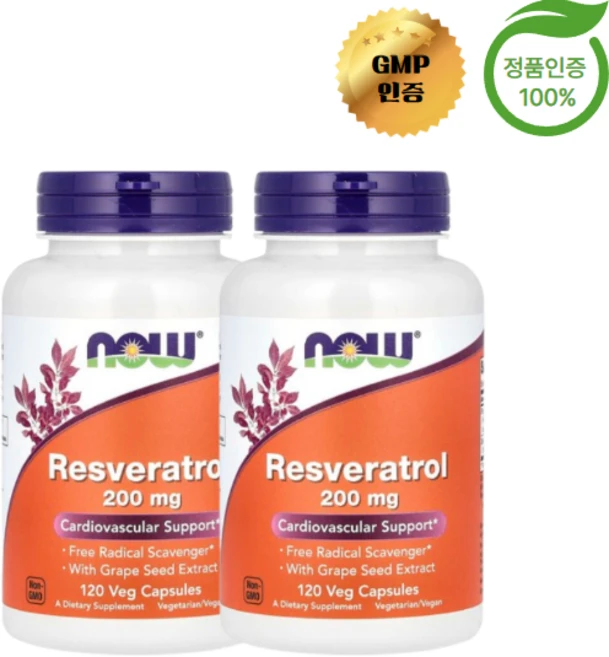 (2팩) NOW Foods 레스베라트롤 200mg 120 캡슐, 2개, 120정 - 쿠팡