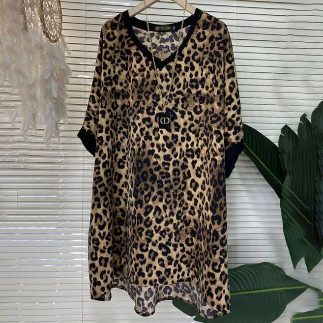 페이준 여성 여름 빅사이즈 150KG 캐주얼 레오파드 티셔츠 프린팅 브이넥 루즈핏 블라우스 LN3973