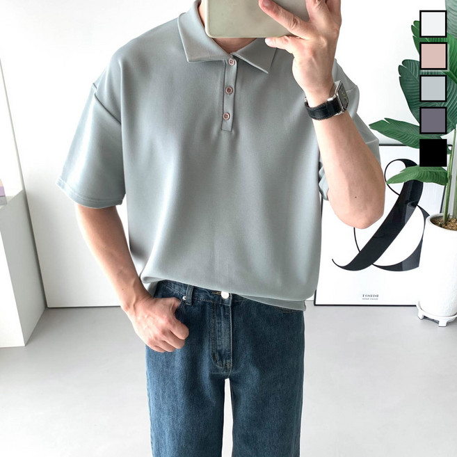 놈시크 95-110 오버핏 남자 반팔 단추 헨리넥 브이 카라 링클프리 스판 여름 티셔츠