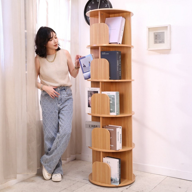 Buyjm 360度旋轉書架 寬48公分五層書櫃 A4可收納 無銳角設計 環保低甲醛 櫸木色, 5層