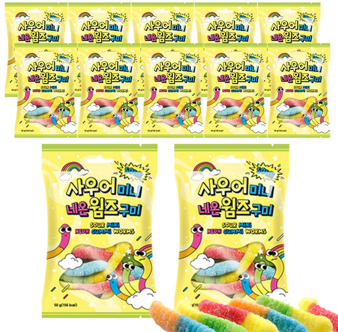 예이니식품 사우어 미니네온 웜즈 젤리 (50g) 위니비니사탕캔디, 50g, 12개
