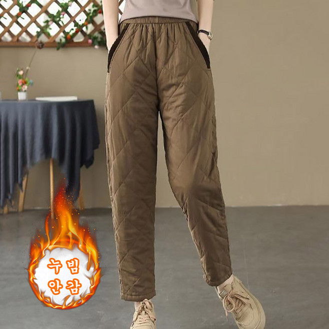POMTOR 여성 겨울 퀼팅 패딩 바지 겉옷 도톰한 보온 배기 팬츠