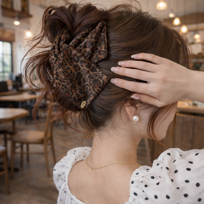 MIROSE 빅 리본 헤어 집게핀 트위드 레오파드 올림머리 헤어클립