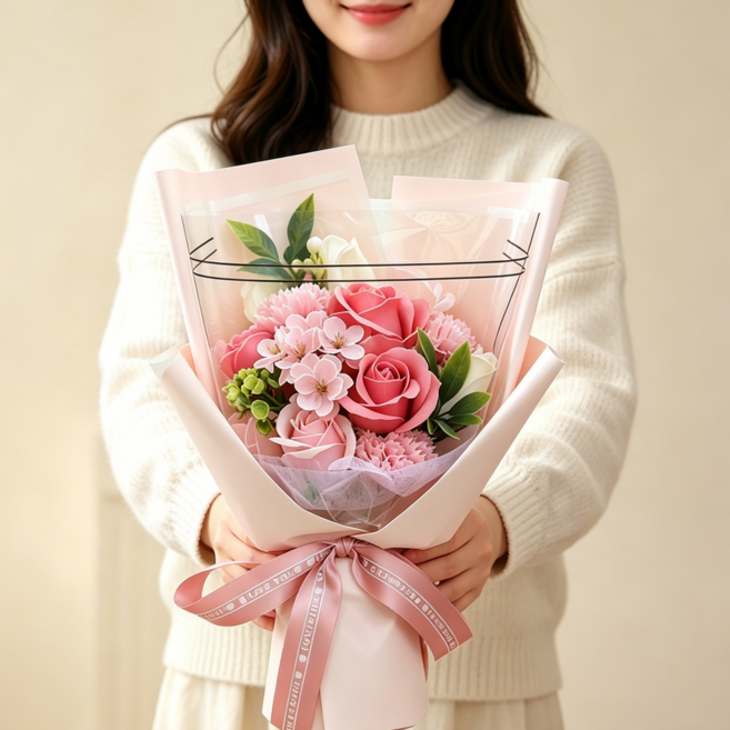 Leesheer 시들지않는 카네이션 장미 꽃다발 LED 비누 꽃다발 어버이날 스승의 날 선물 + 선물상자, 분홍색