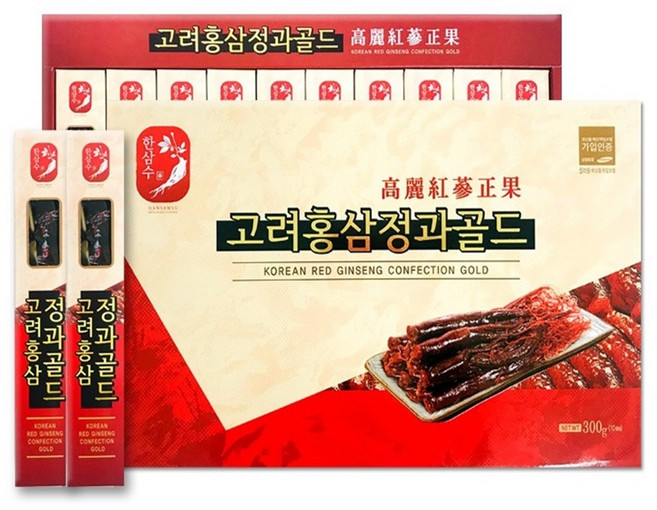 고려홍삼정과 골드 국내산홍산 100% 홍삼 한뿌리 통째 당절임 홍삼근 절편 홍삼선물세트 가족 친구 연인 명절선물 환갑 답례품 쫄깃한 식감 30gx10개, 3g, 10개