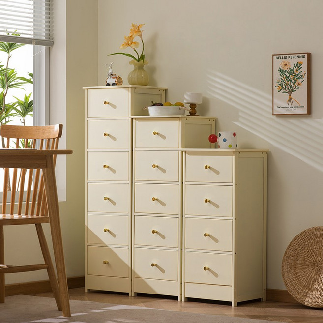 GOOD HOME 다용도 서랍 수납장 거실 침실용 틈새 수납 대나무 우드 소재 크림화이트, 4단