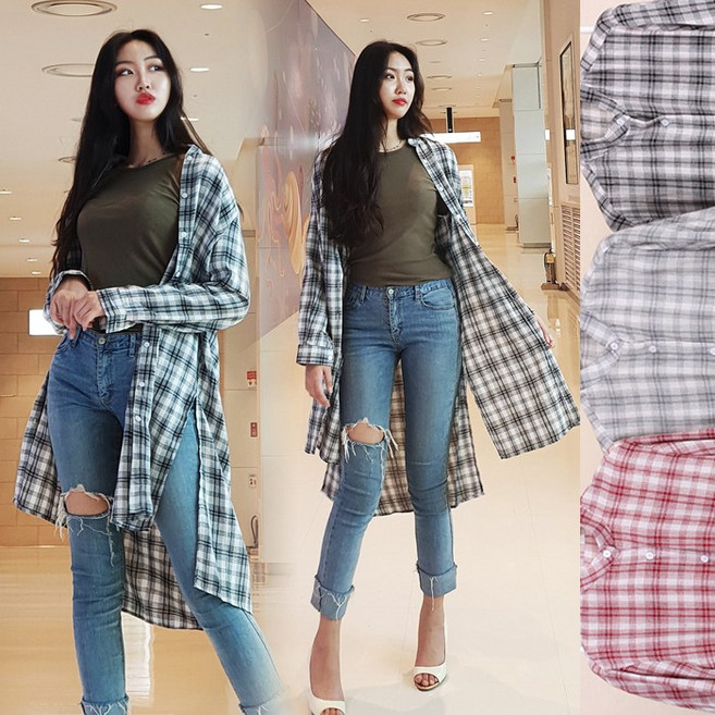 체크 옆트임 롱로브 셔츠