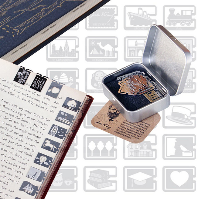 북라인 클립 마커 20x16mm 12개입 세계문학시리즈 사각 틴케이스 스틸 금속 책갈피 가름끈 북마크, 1개, 80일간의 세계일주