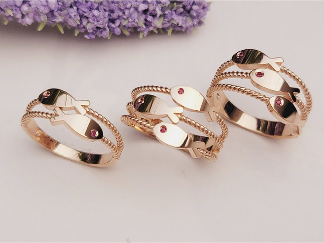 제이앤골드 14k 물고기반지 두줄 세줄 탄생석 택1