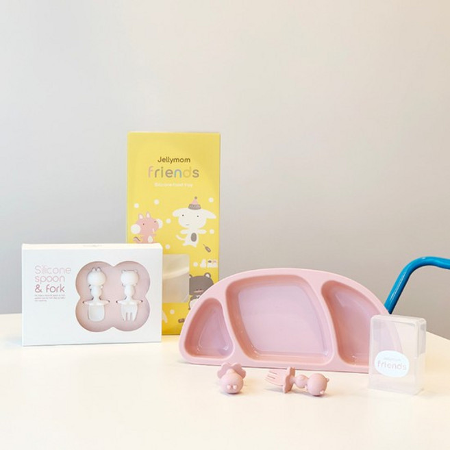 젤리맘 프렌즈 실리콘 자기주도이유식 세트 흡착식판 + 스푼 + 포크, 상세설명 참조, 흡착식판-민트/스푼&포크-그레이, 1개