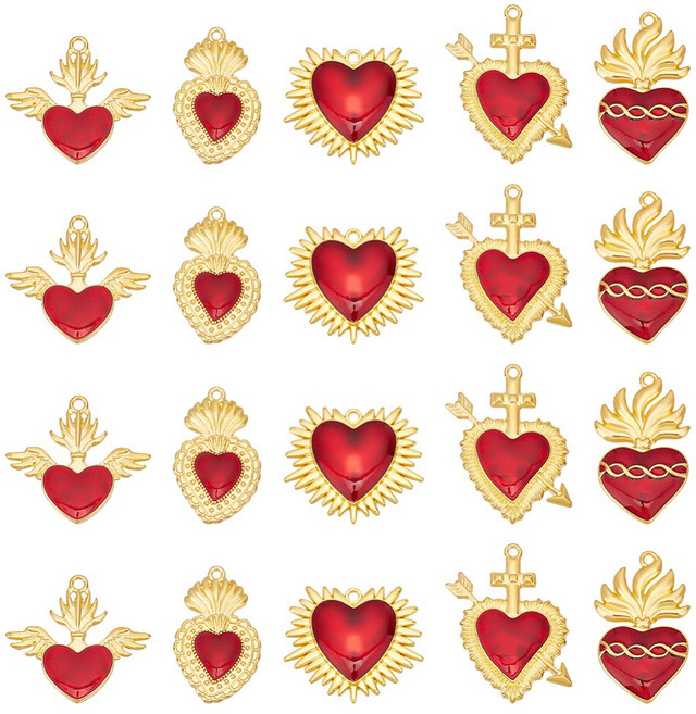20개 5가지 스타일의 하트 참 합금 에나멜 펜던트 황금 성심 참 빨간 하트 엉겅퀴 가시 장식 에나멜 참, Red, 20