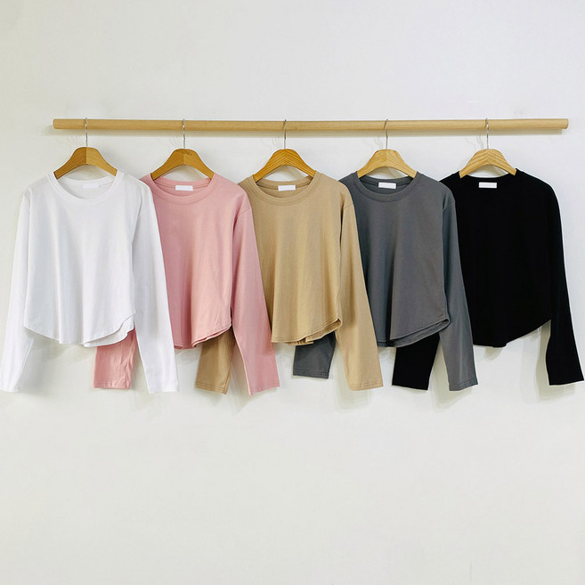 여성 오버핏 라운드넥 크롭 티셔츠 봄가을 사계절 20수 긴팔티