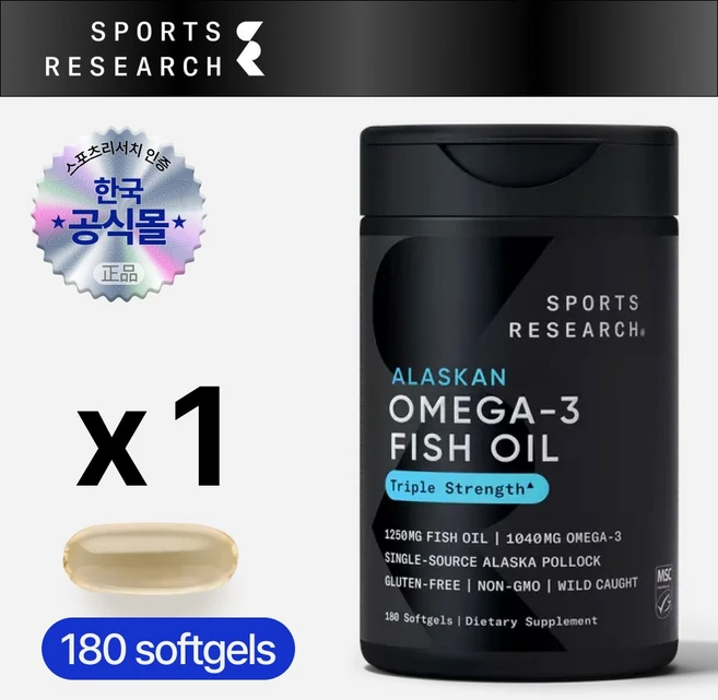 스포츠리서치 알래스카 트리플 스트렝스 오메가-3 피쉬 오일 1250mg 소프트젤, 180정, 1개 - 쿠팡