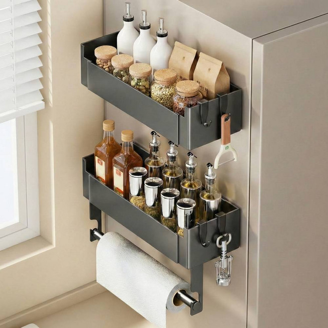 뭉클톡톡 초강력 냉장고 다용도 자석 선반 2개 (키친타올 걸이 + 고리 포함), 1세트, 블랙