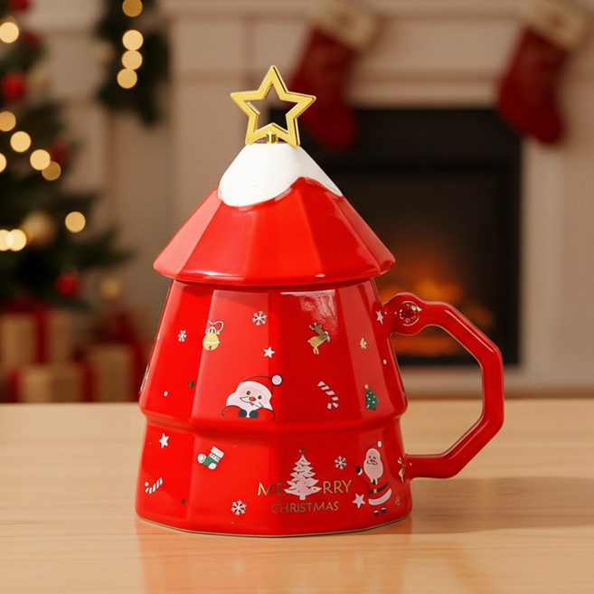 투데이리빙 크리스마스 스푼 뚜껑 트리 머그컵 세트 세라믹 머그잔 성탄절 소품 트리 티스푼 예쁜 연말 데코 인테리어 선물, 1세트, 레드