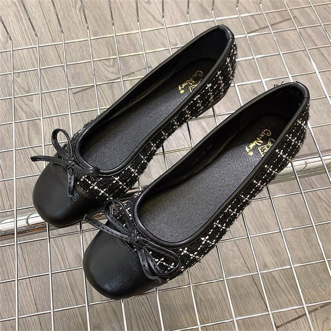 besteffie 고급 여성용 트위드 스타일 플랫 슈즈 금색 장식 리본 스트링 디자인 구두 K72